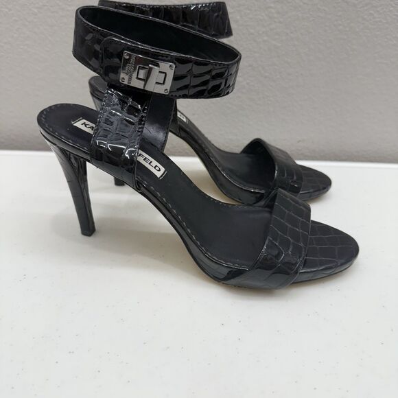 Karl Lagerfeld Paris Heels Size 7 Olivia Black Patent Leather Croc Embossed Shoe - Picture 3 of 8